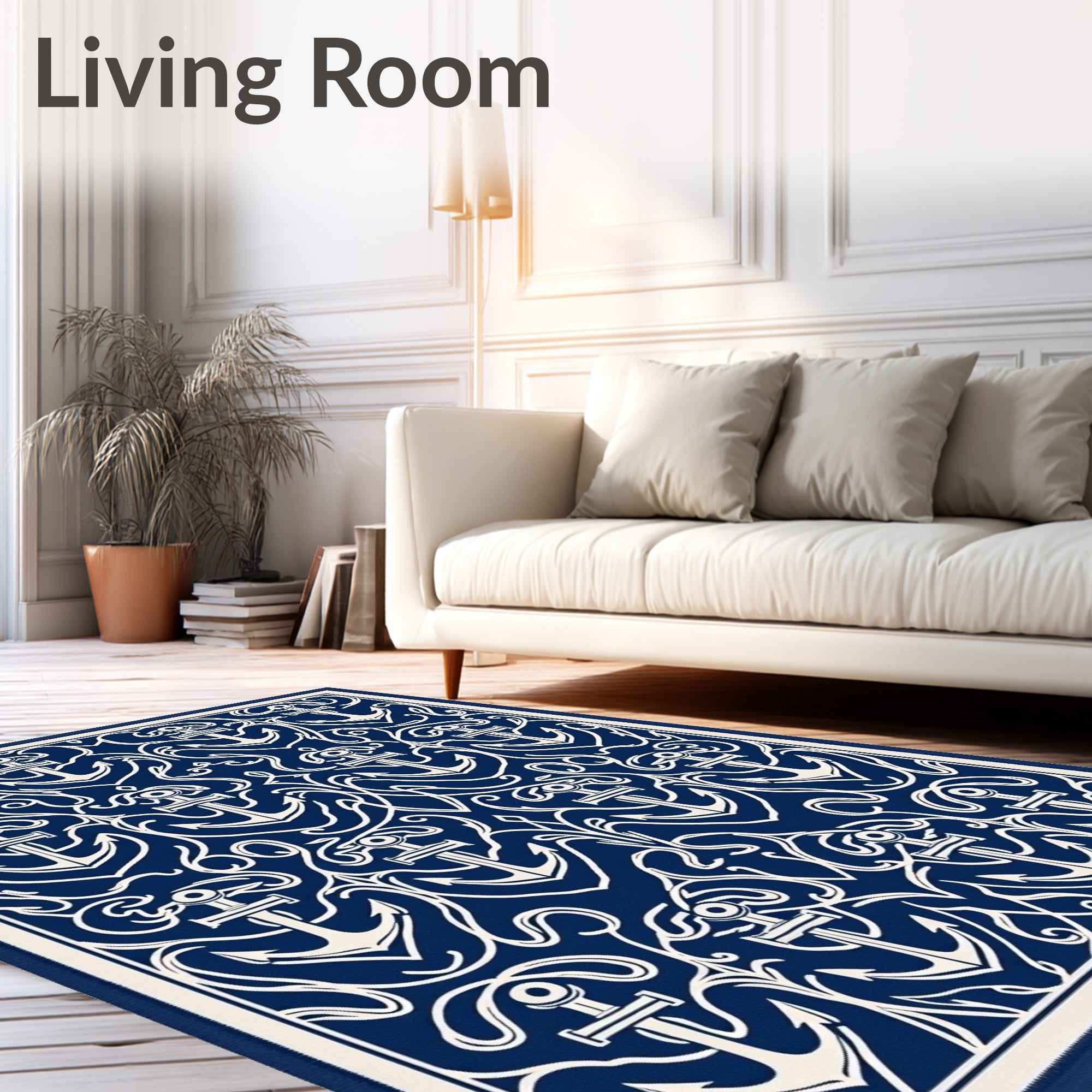 Navy Blue Anchor Scroll Pattern Design Rug