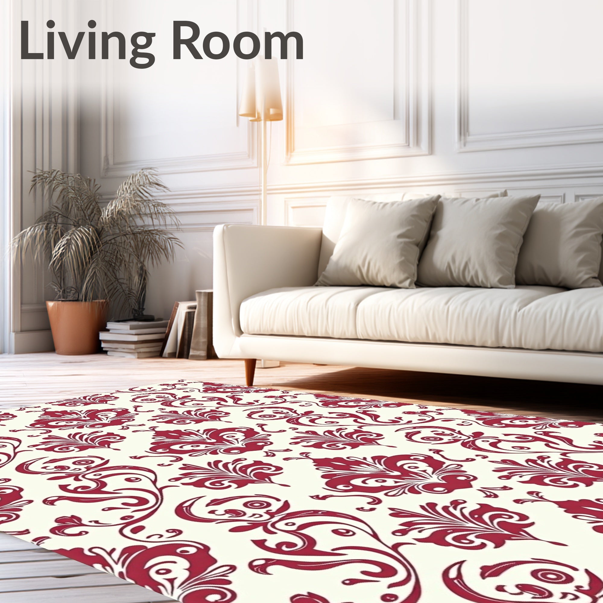Crimson and Cream Damask Pattern Rug