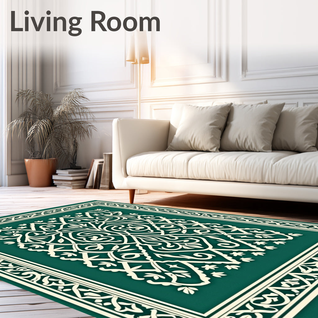 Intricate White Floral Scrollwork Design Rug