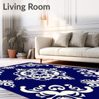 Elegant Blue Ivory Scrollwork Damask Rug