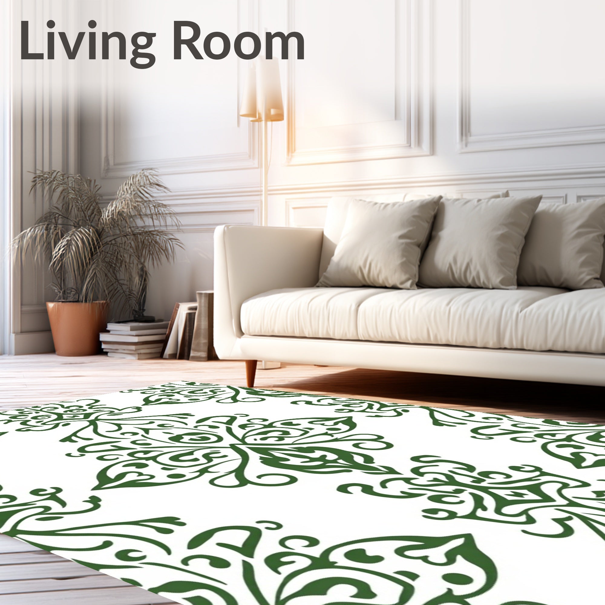 Ornate Green Damask Scroll Pattern Rug