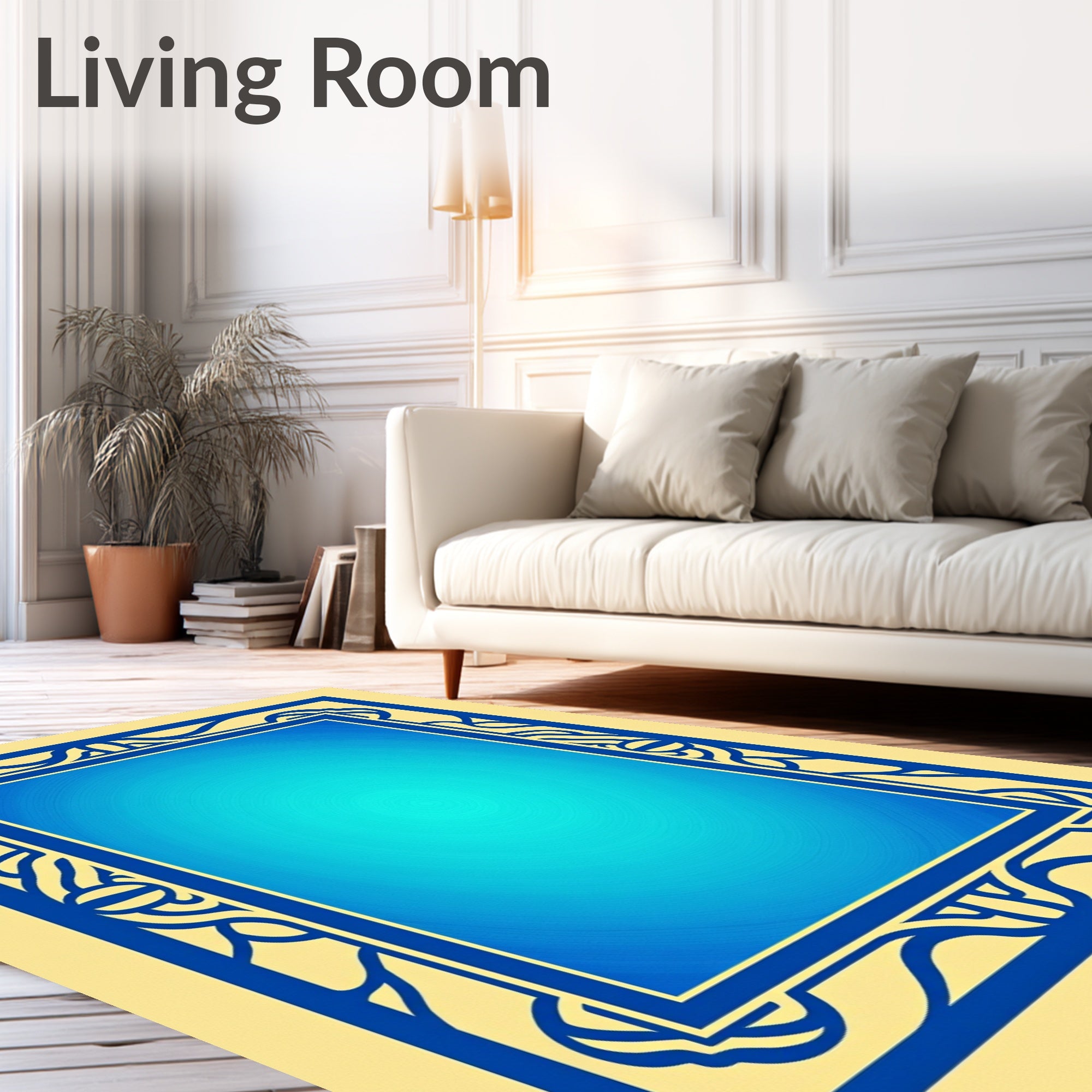 Ornate Blue Frame Geometric Pattern Rug