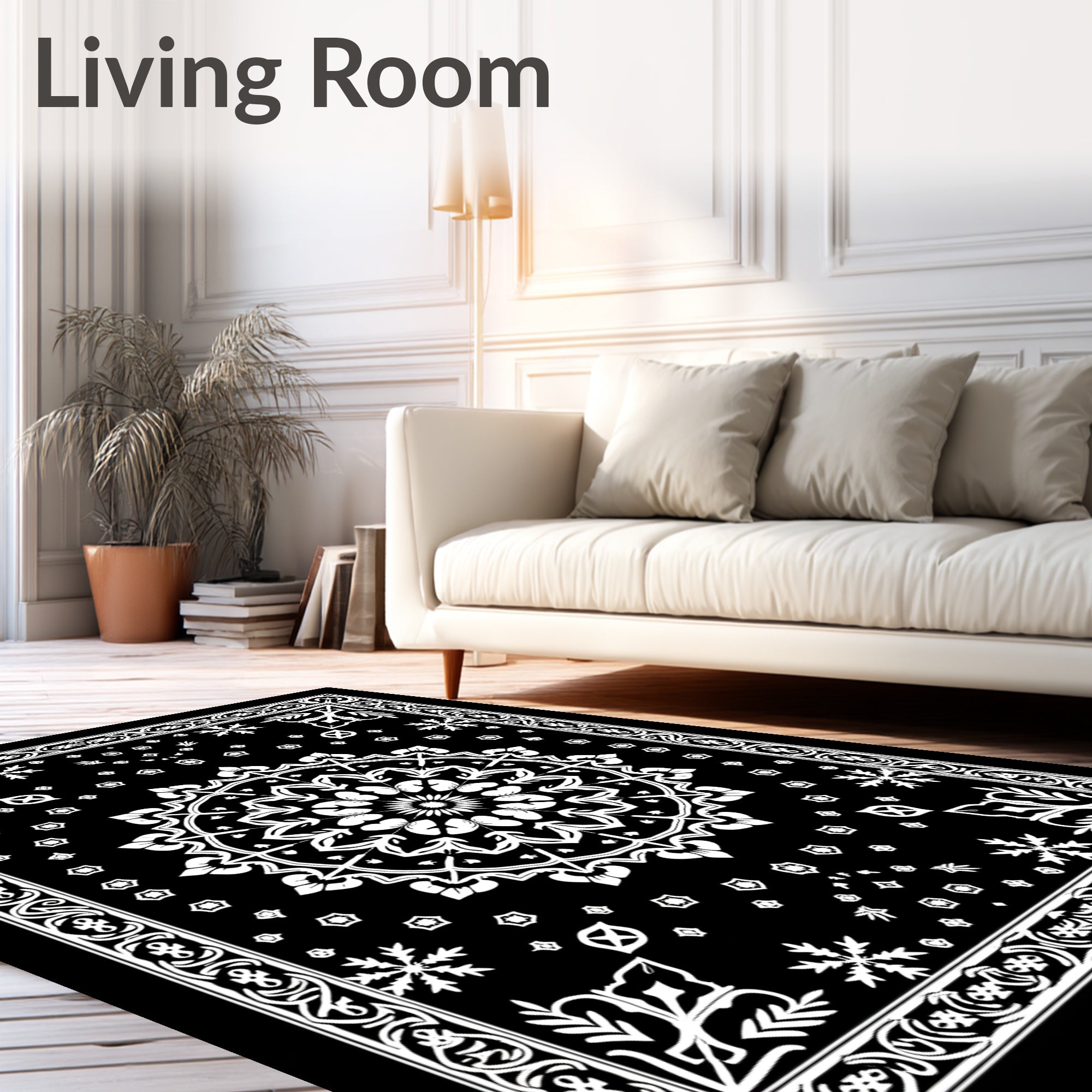 Intricate Black White Mandala Design Rug