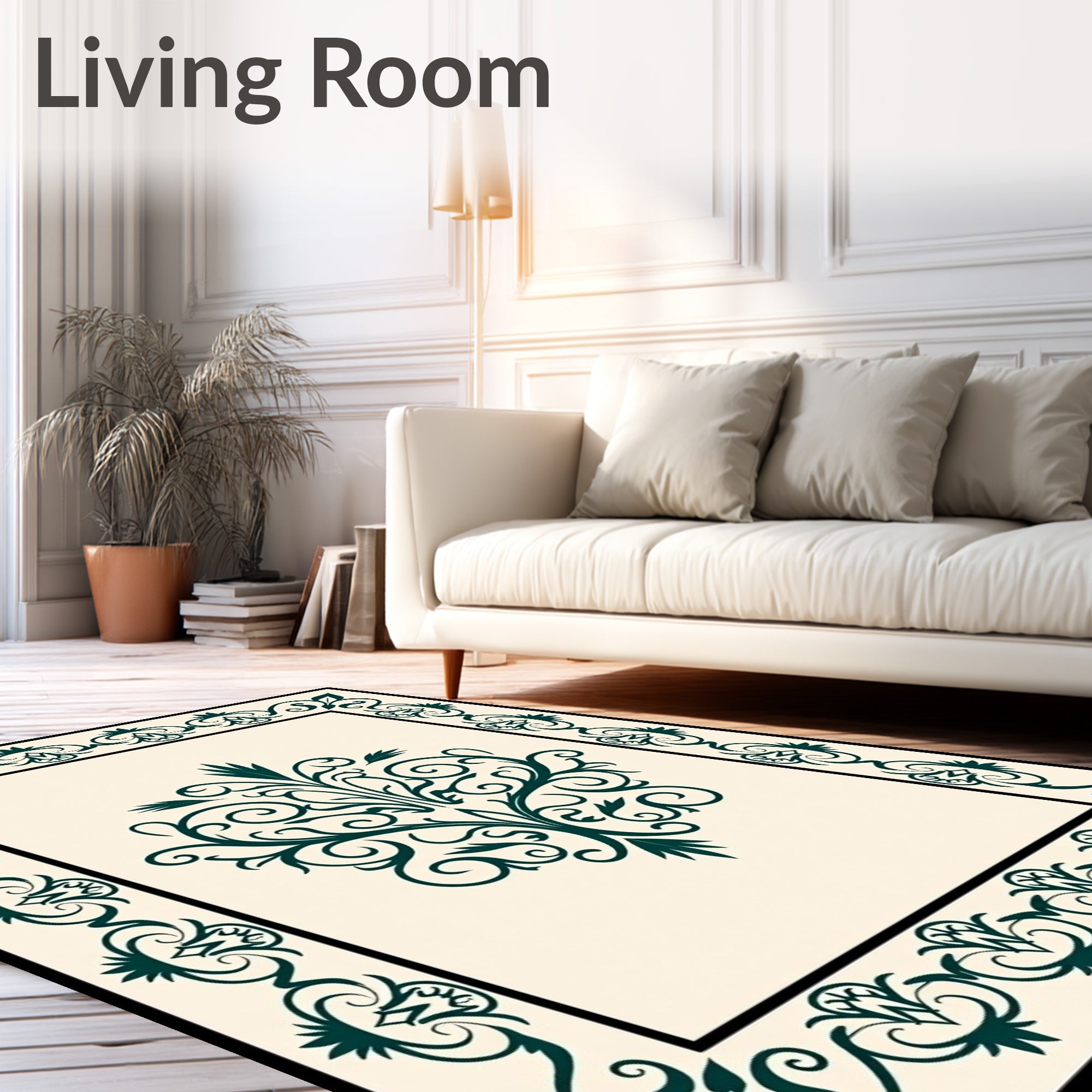 Elegant Green Floral Scroll Pattern Rug