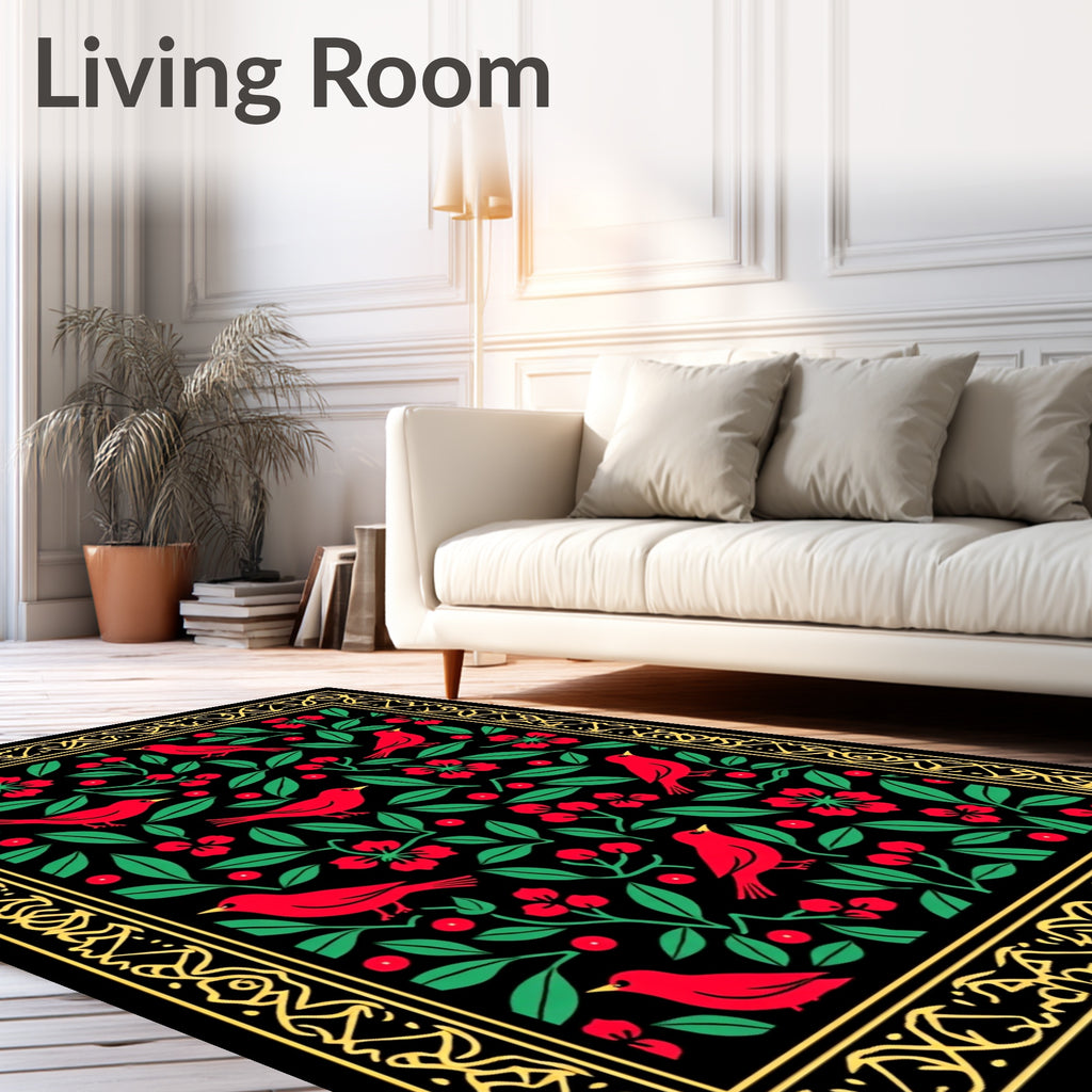 Red Birds with Red Flowers Black Background Rug
