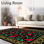Red Birds with Red Flowers Black Background Rug