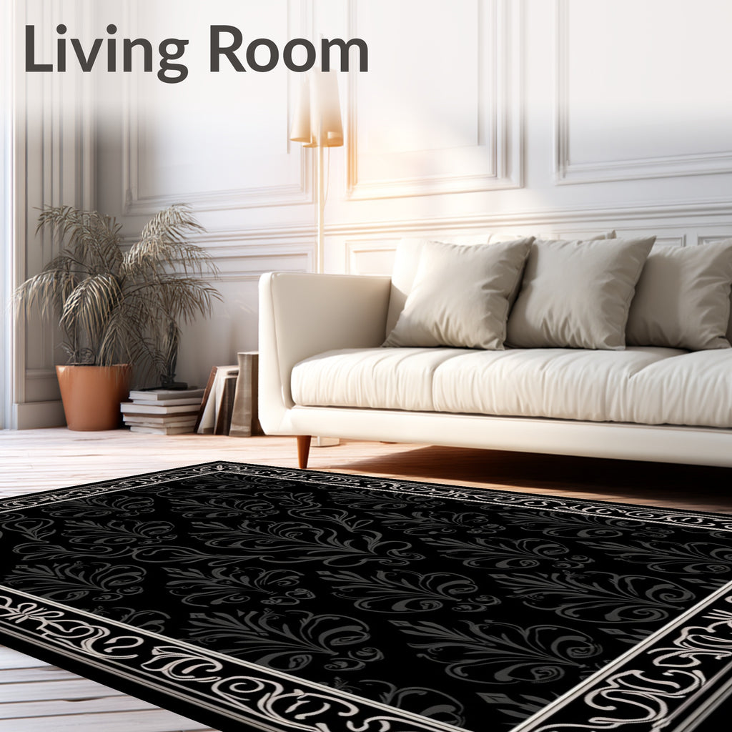 Ornate Black Swirls Floral Pattern Rug