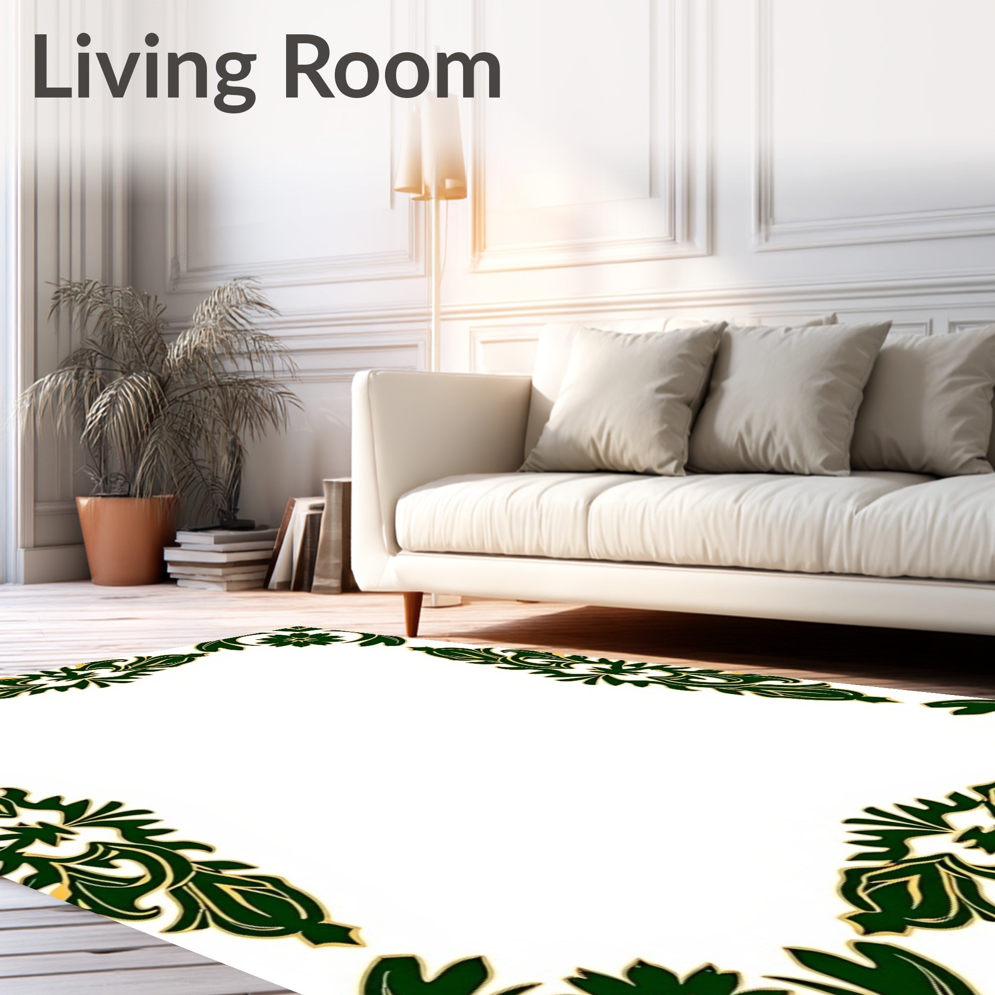 Elegant Green Scroll Floral Design Rug