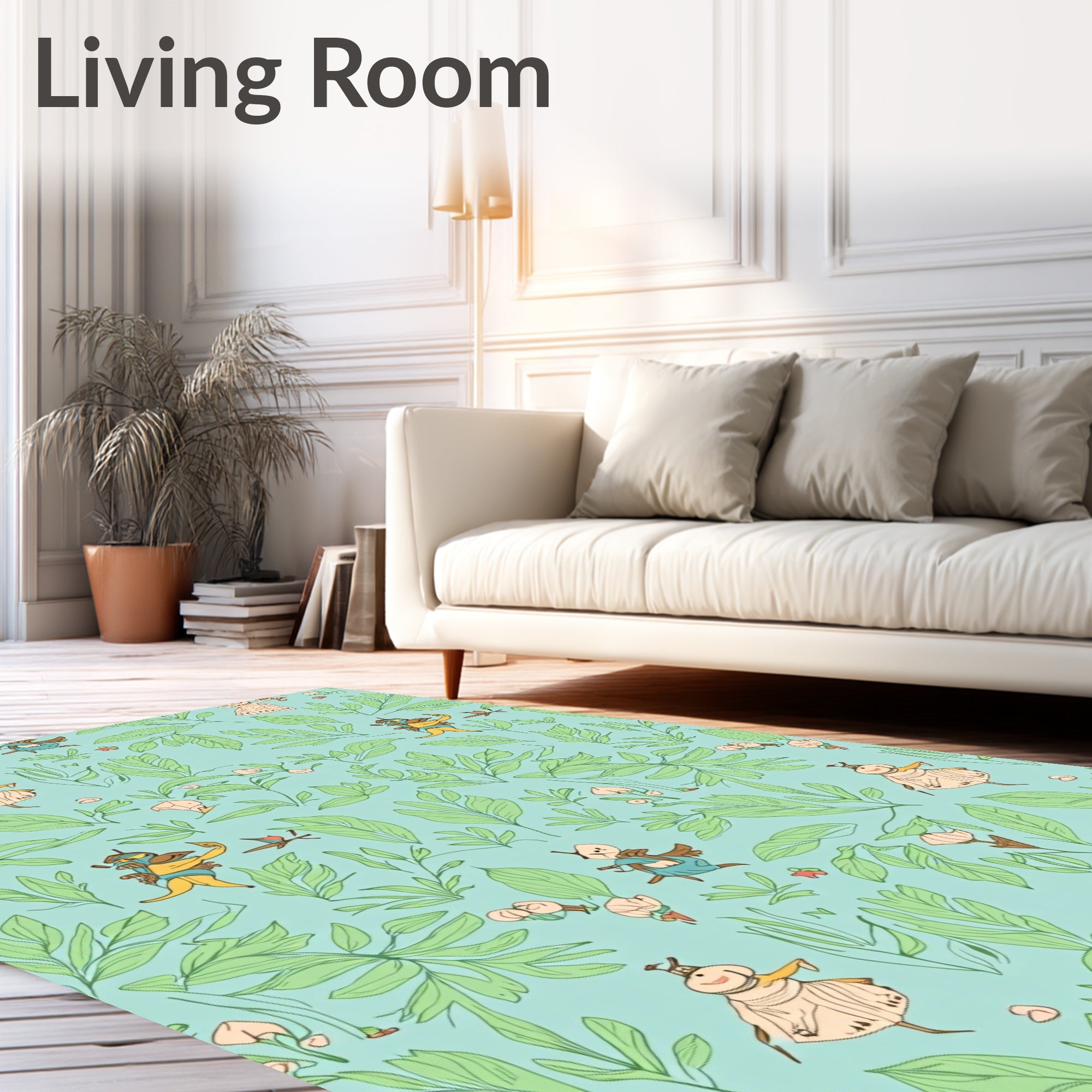 Whimsical Teal Leaf and Figure Design Rug