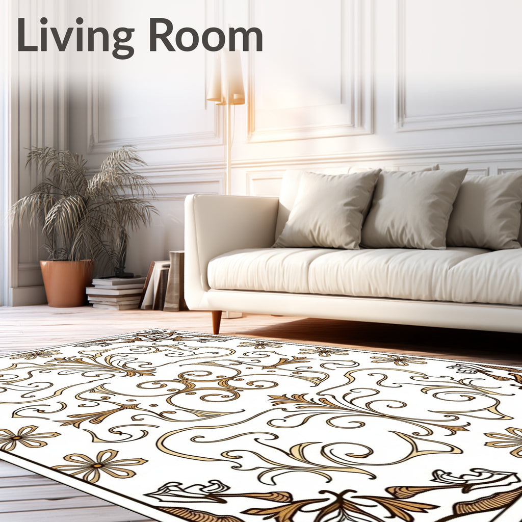 Ornate Golden Floral Patterned Rug