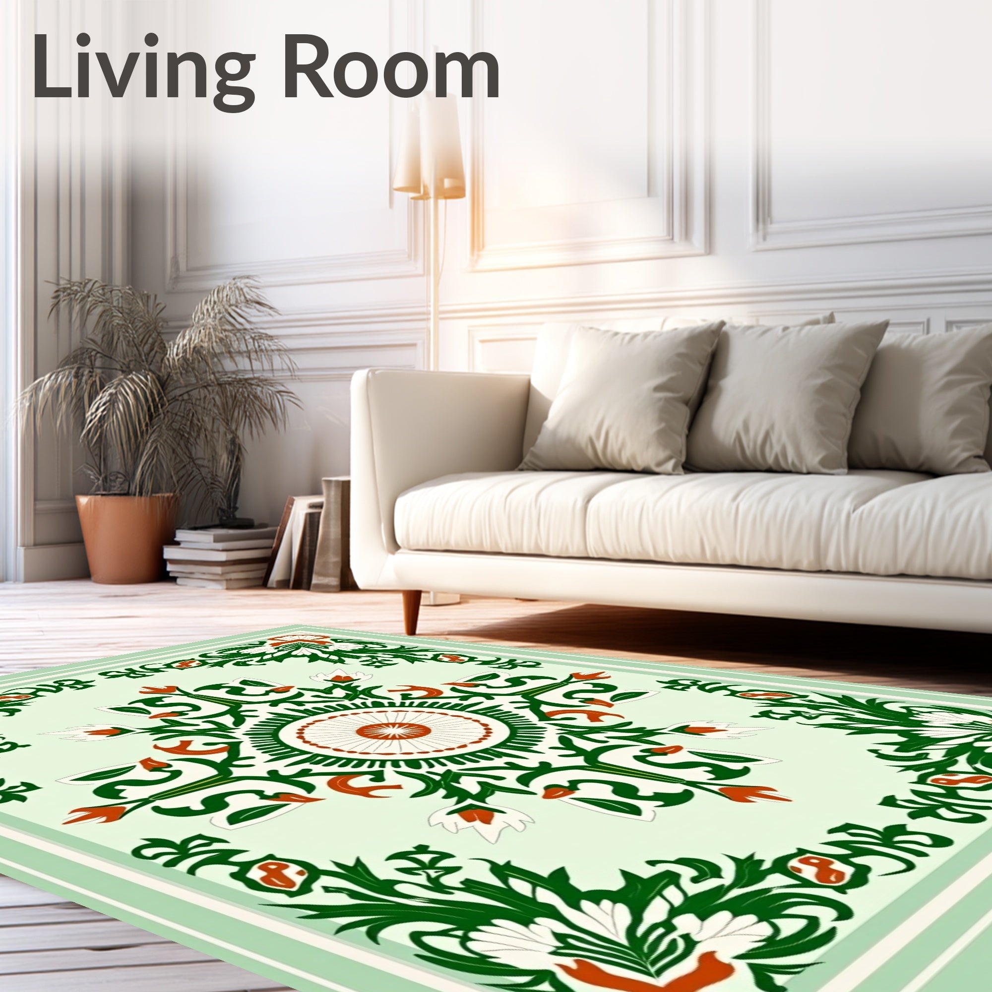 Green Red White Floral Medallion Design Rug