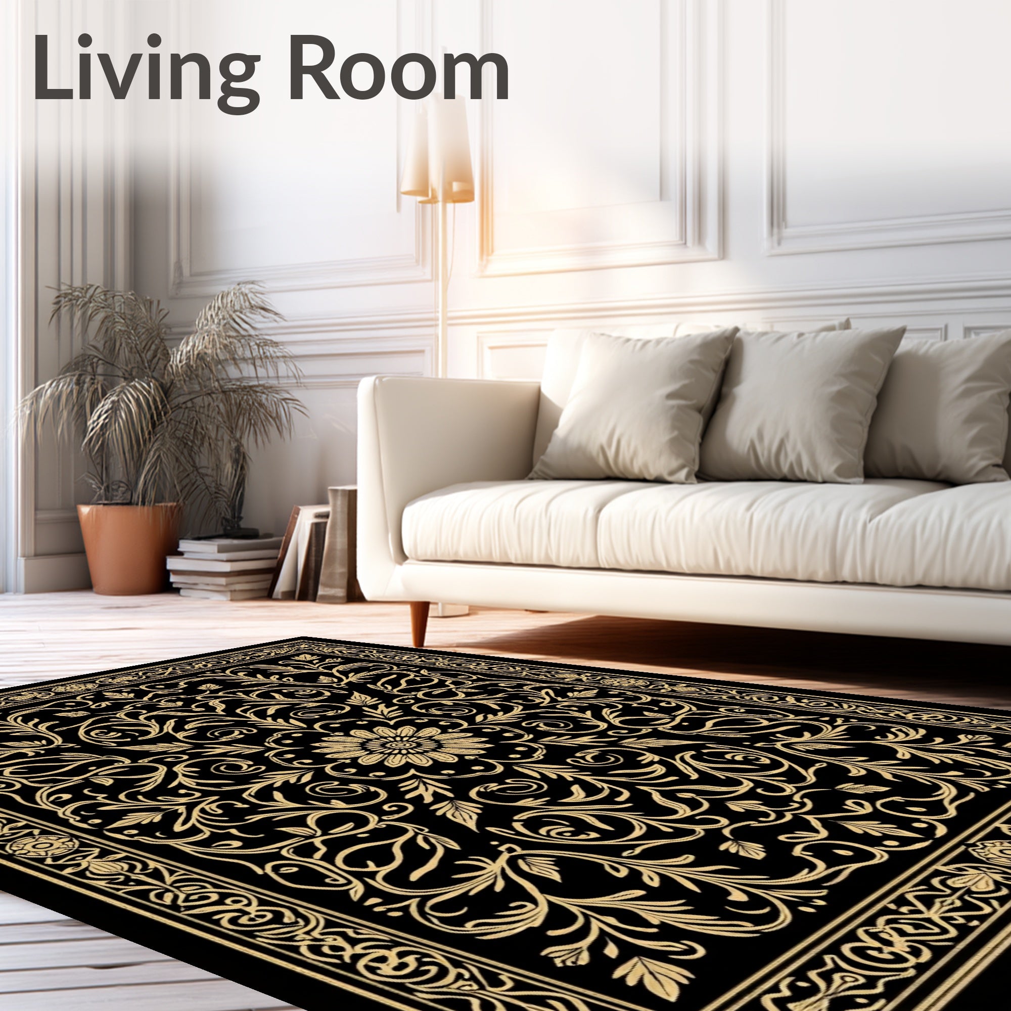 Golden Floral Scrollwork Mandala Rug