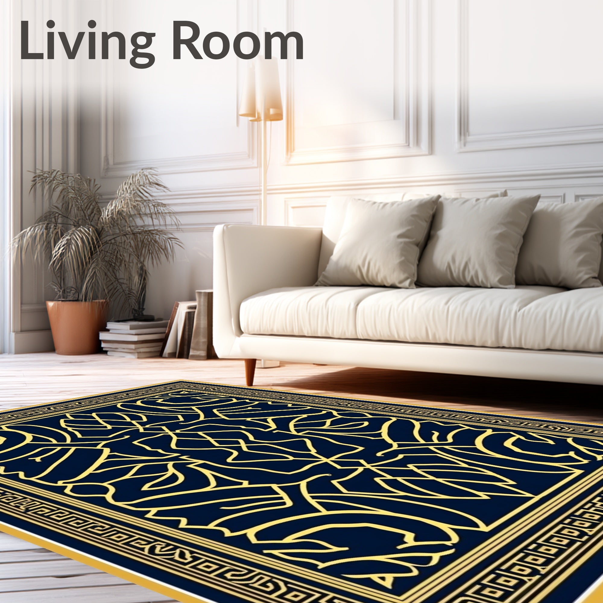 Geometric Abstract Regal Blue Gold Design Rug