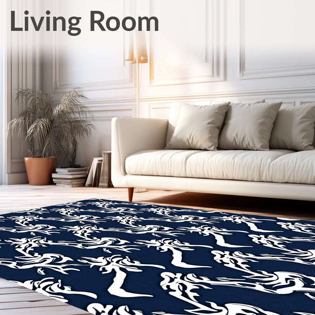 White Abstract Swirls On Navy Rug