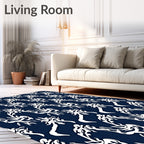 White Abstract Swirls On Navy Rug