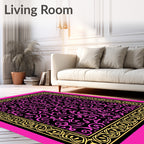 Vibrant Pink Gold Scrollwork Design Rug
