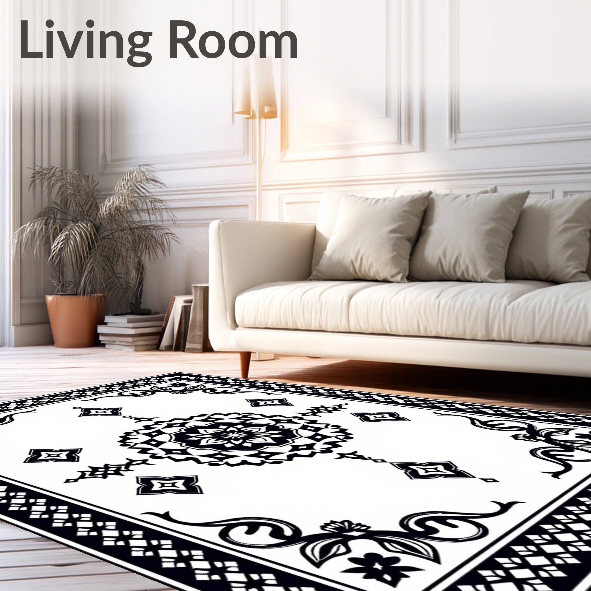 Black White Floral Medallion Rug