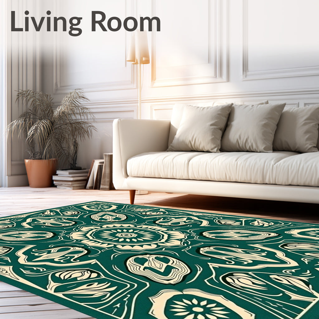 Intricate Floral Medallion Dark Teal Design Rug