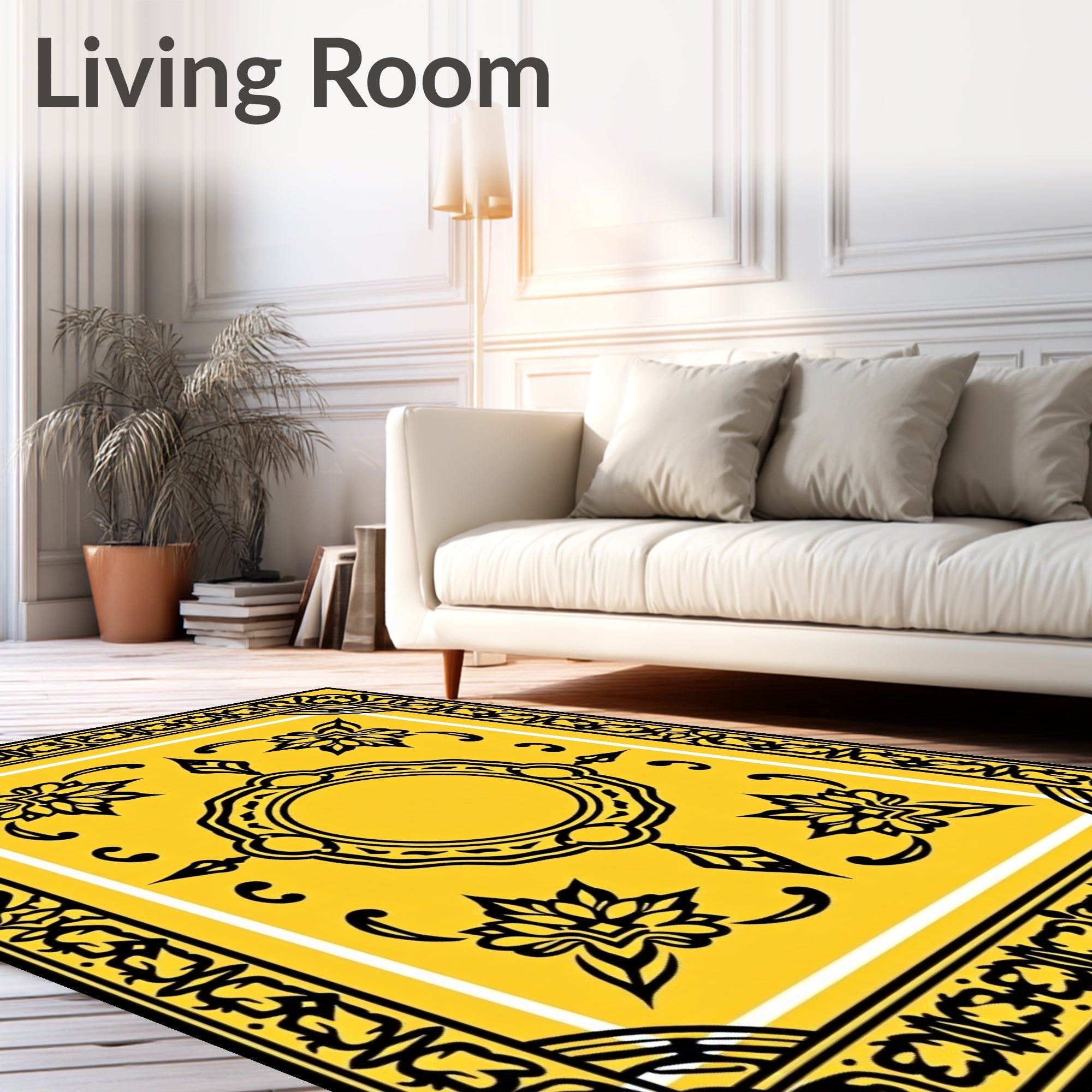 Ornate Black On Yellow Floral Pattern Rug