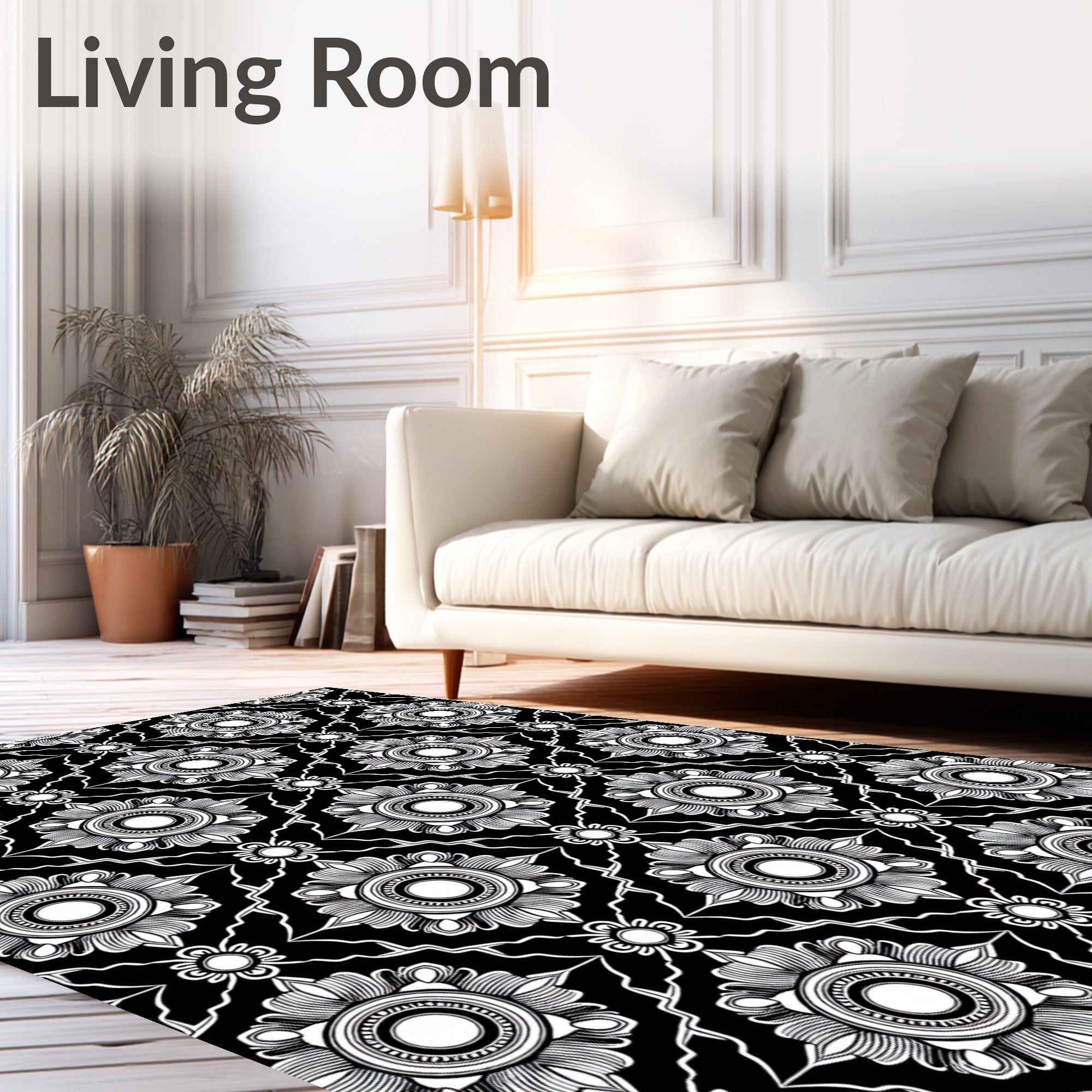 Classic Floral Medallion Black White Rug