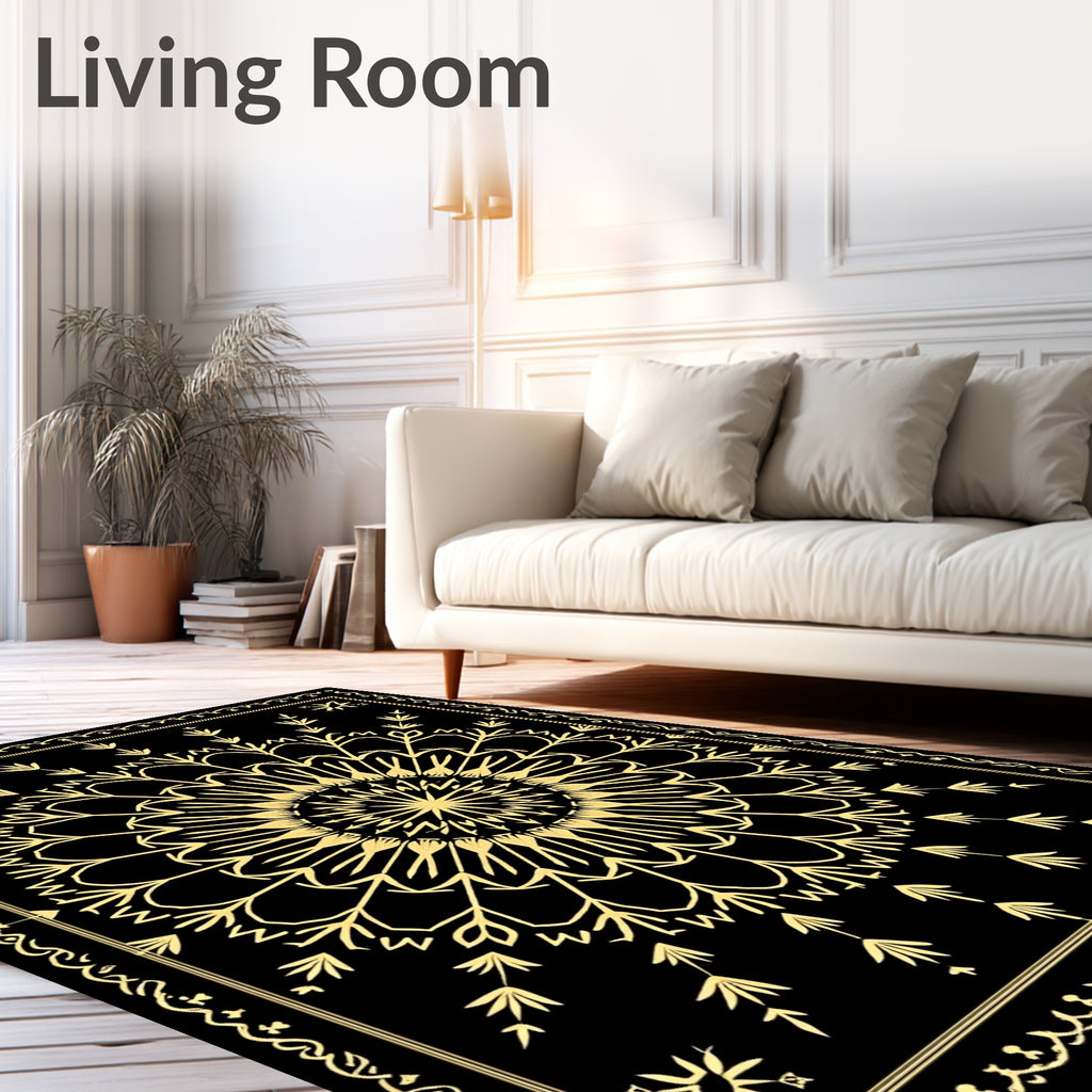 Golden Black Mandala Floral Border Rug