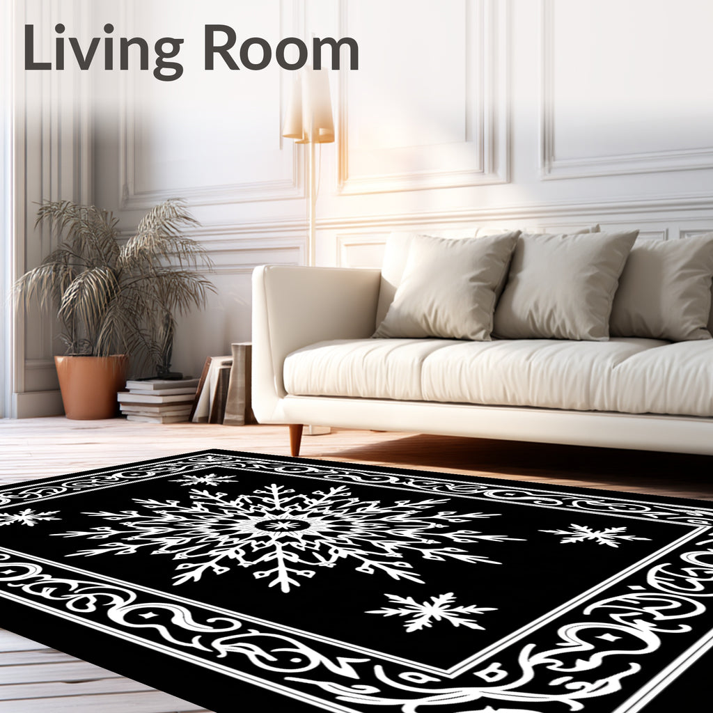 Intricate Snowflakes on Black Background Rug