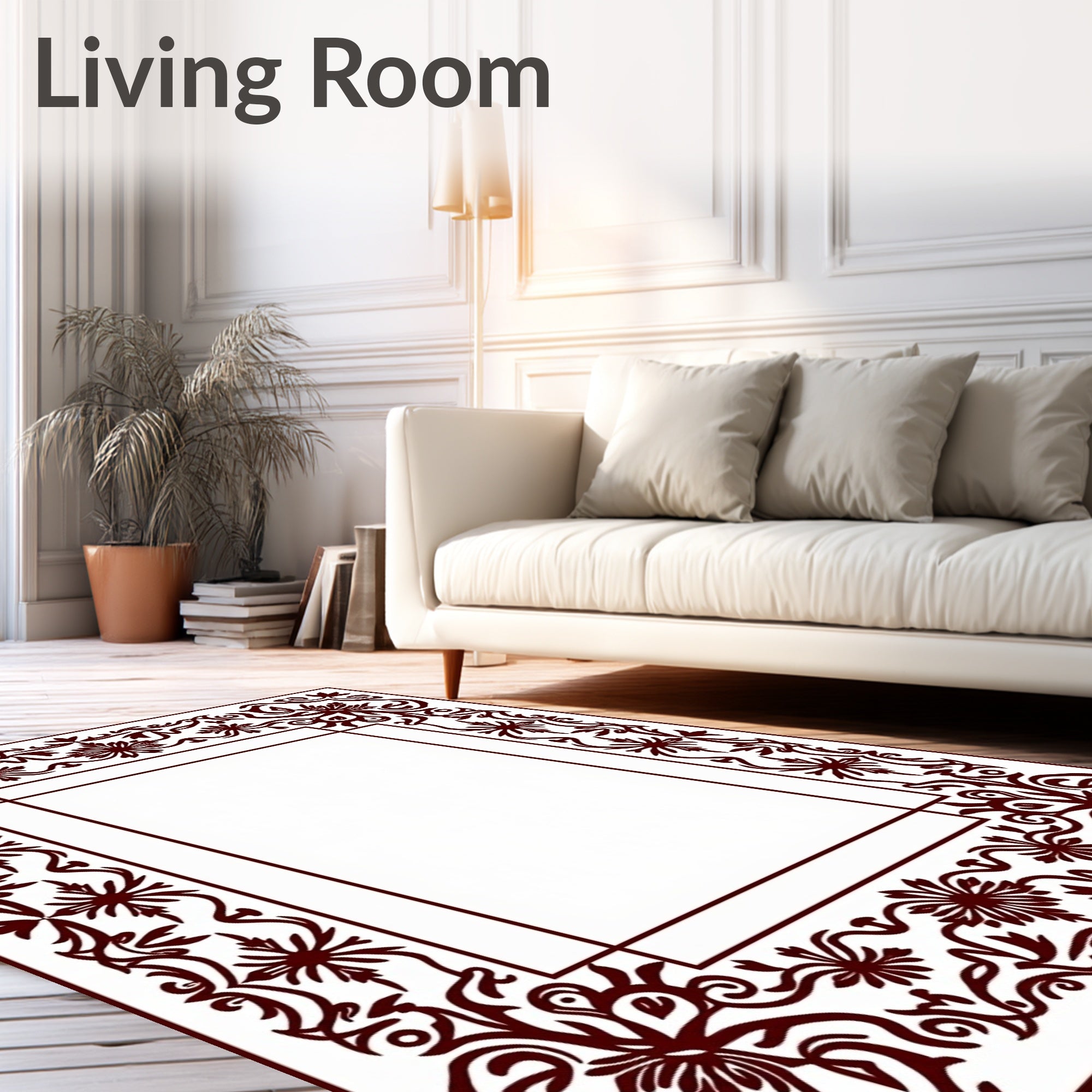 Ornate Burgundy Floral Border Design Rug