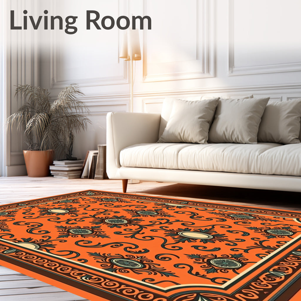 Orange Floral Scrollwork Classic Rug