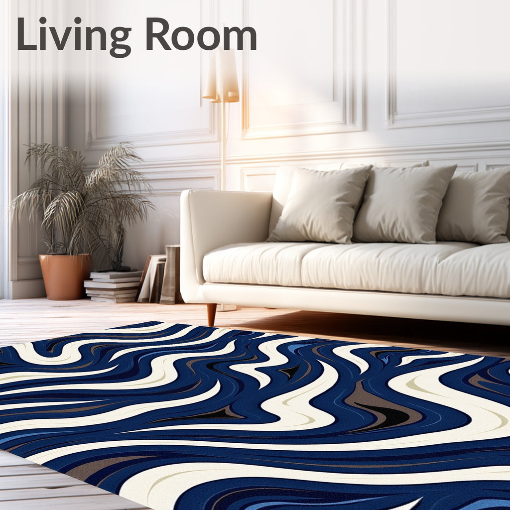 Dynamic Wavy Blue Cream Abstract Rug
