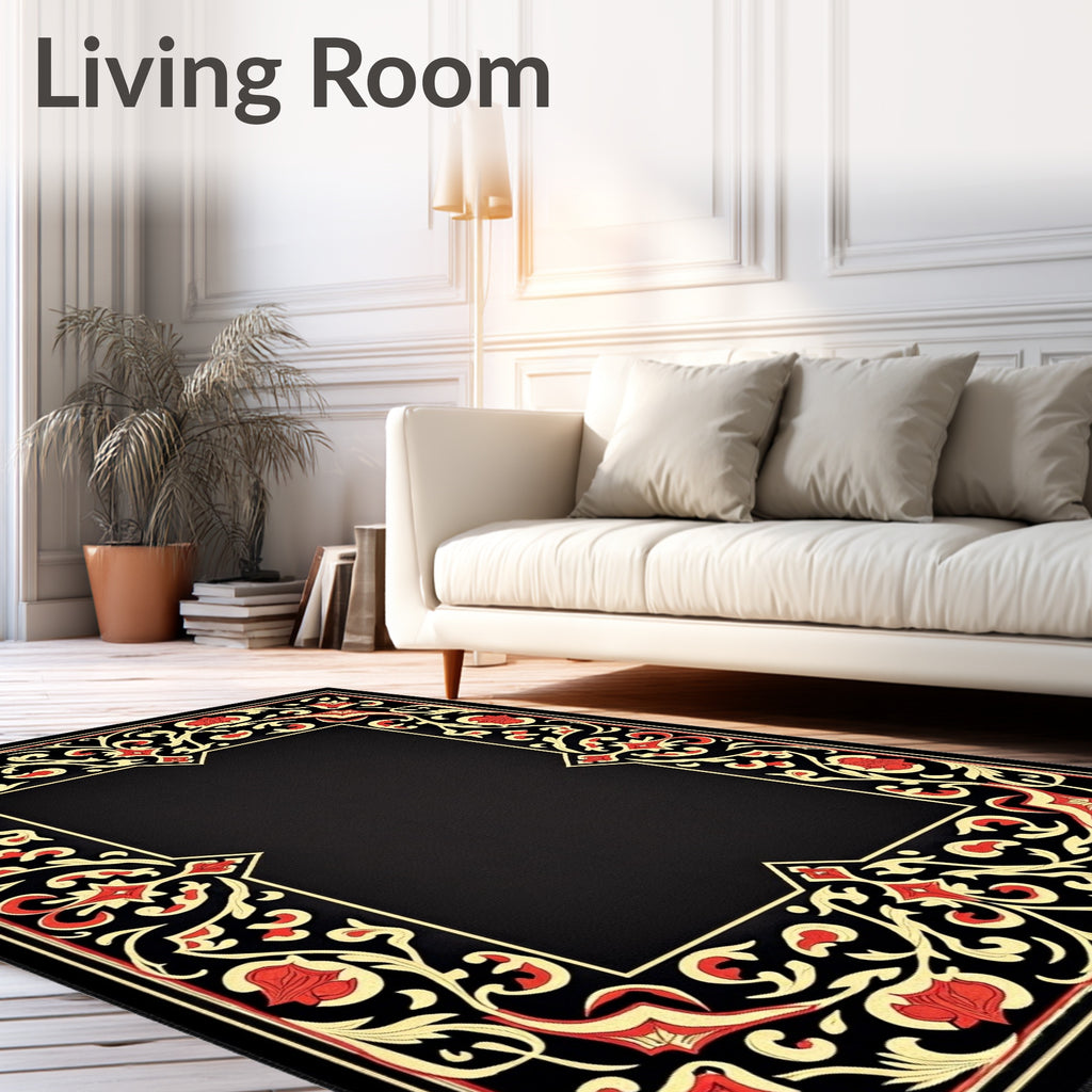 Black Floral Red Swirls Rug