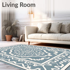 Powdery Blue White Damask Pattern Rug