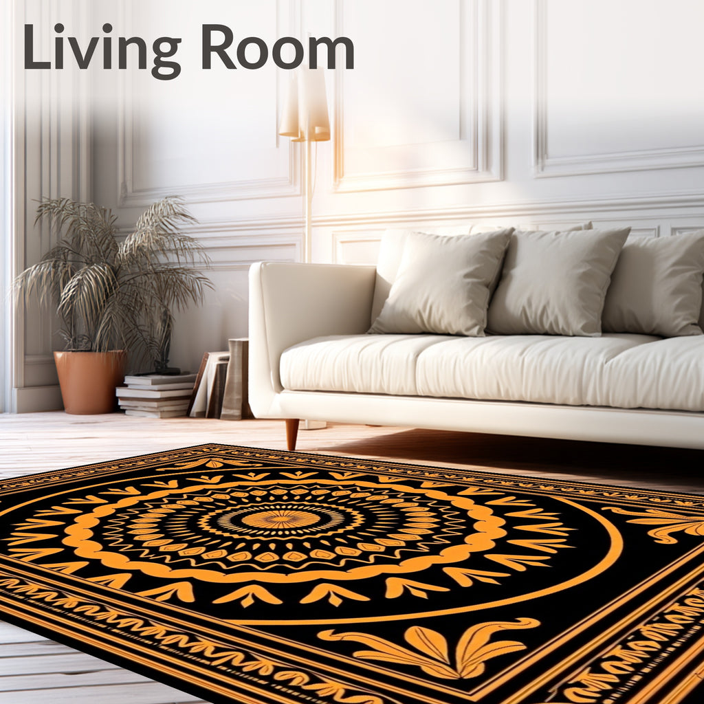 Intricate Orange Black Mandala Border Rug