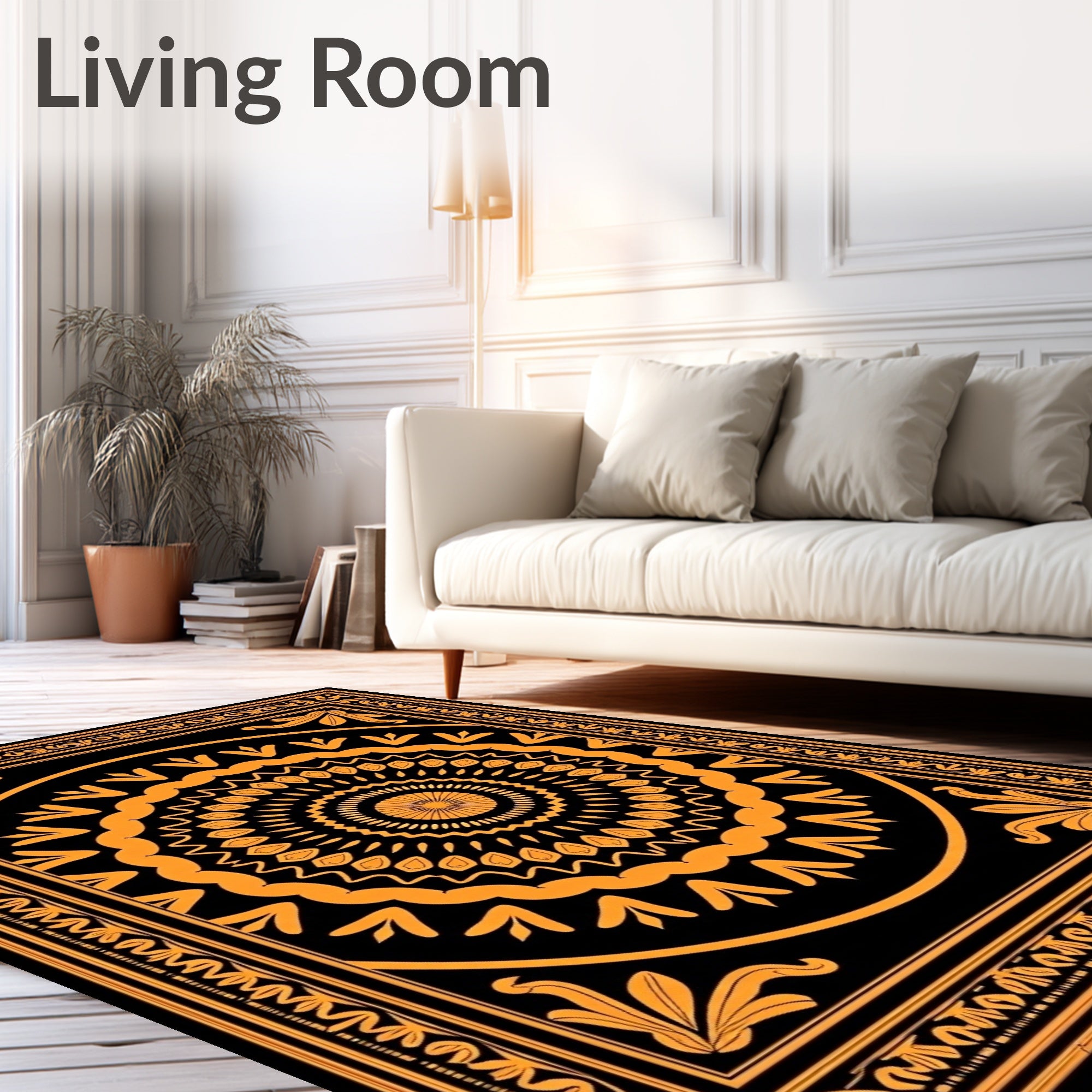 Intricate Orange Black Mandala Border Rug