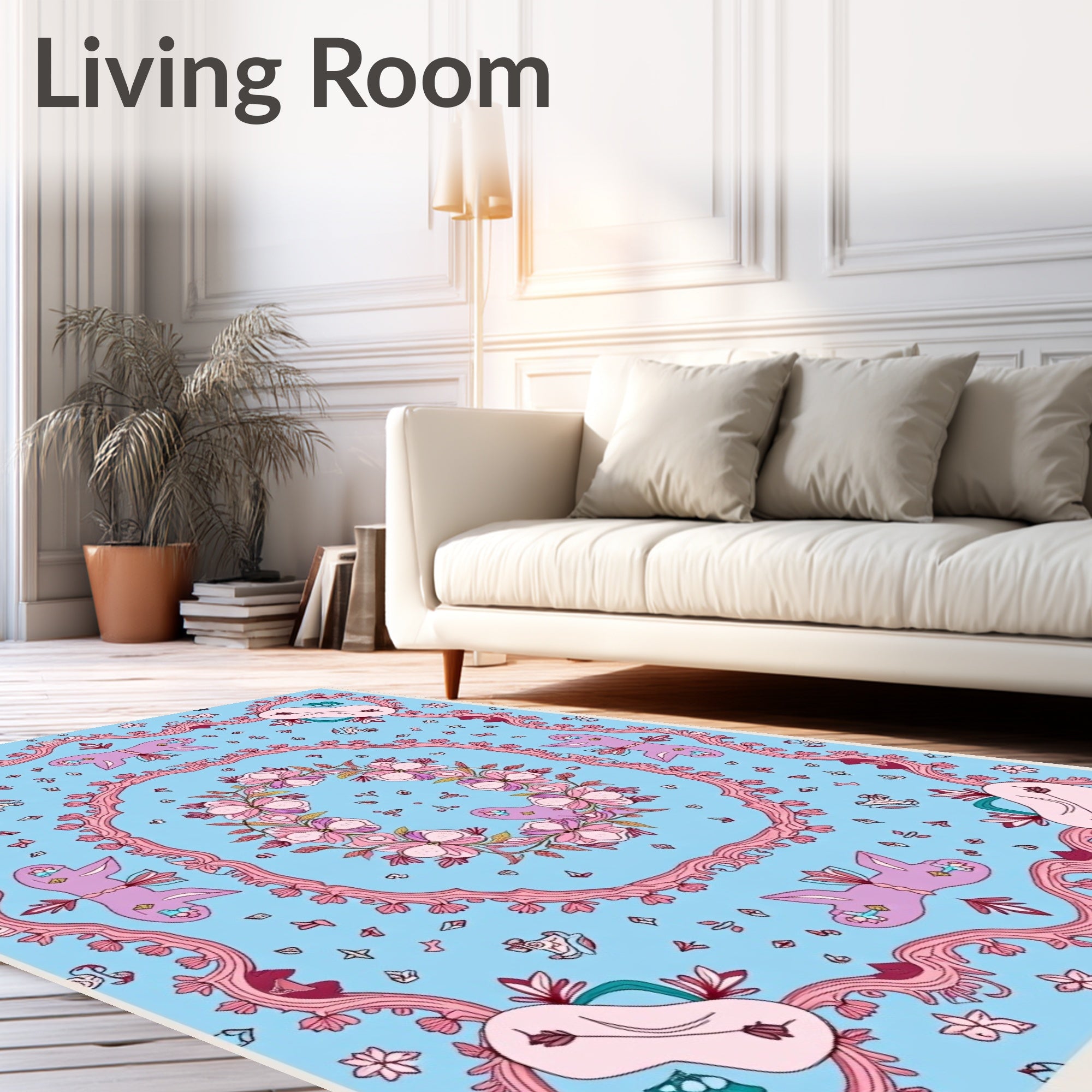 Whimsical Pink Floral Creatures Blue Rug