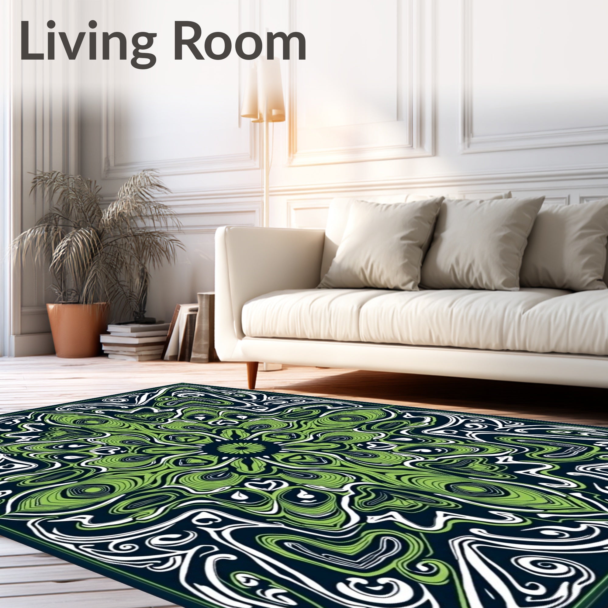 Green White Abstract Swirl Pattern Rug
