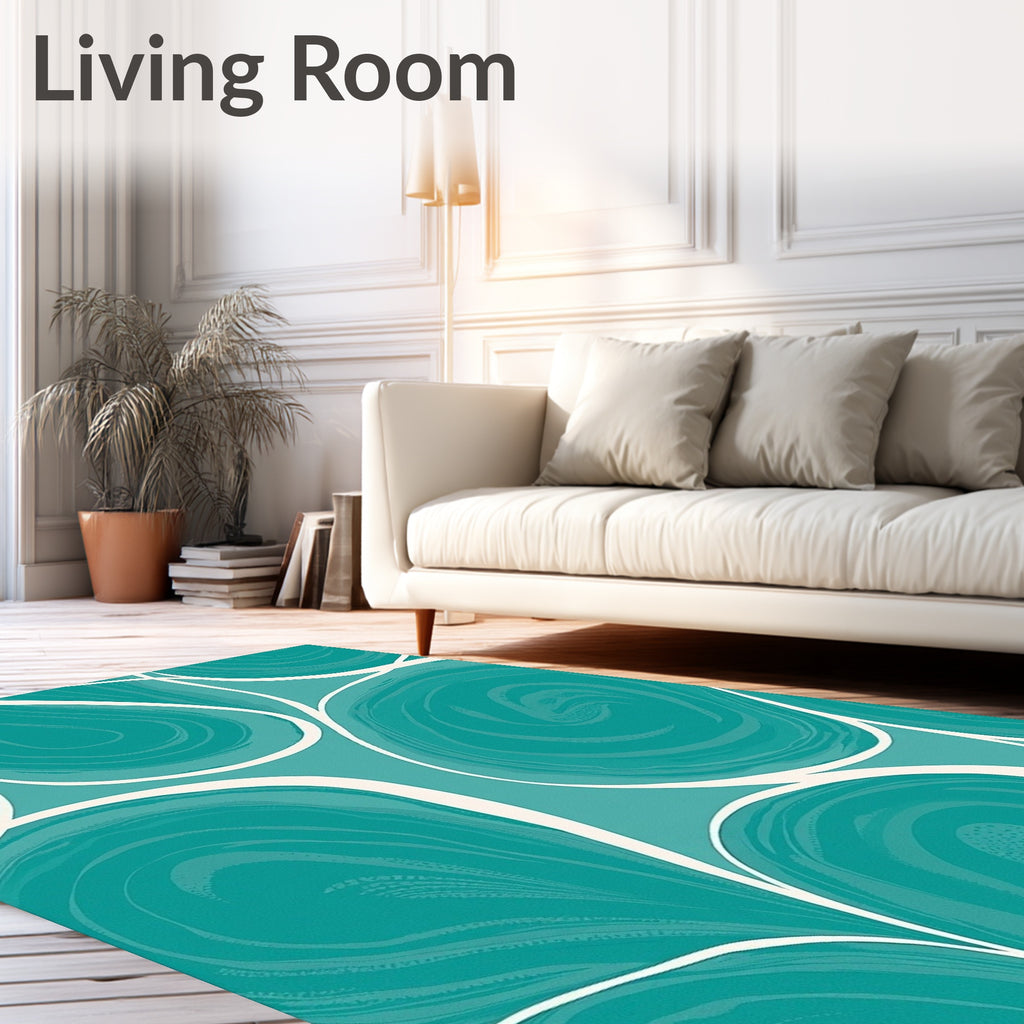 Teal White Organic Swirls Pattern Rug