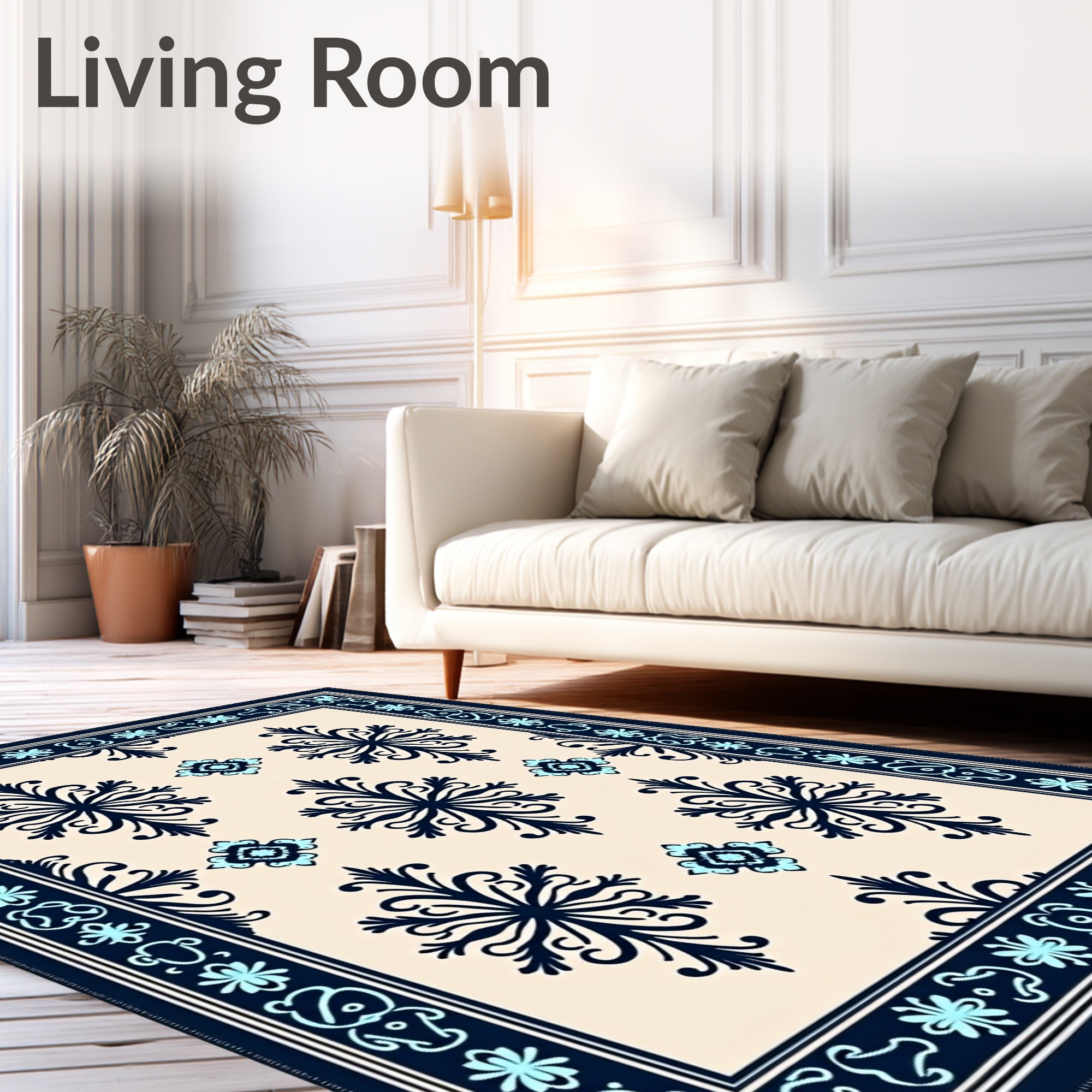 Dark Navy and Teal Floral Damask Rug