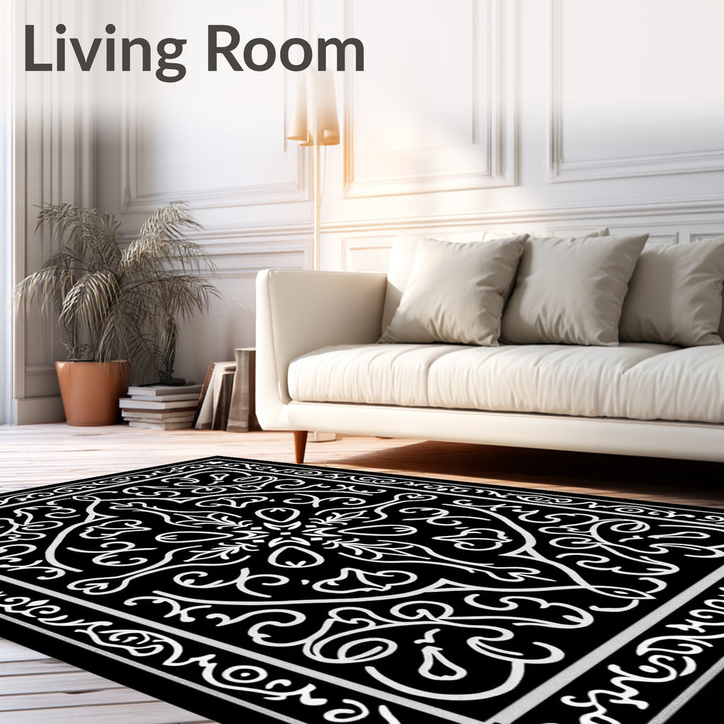 Ornate Scrollwork Black White Rug