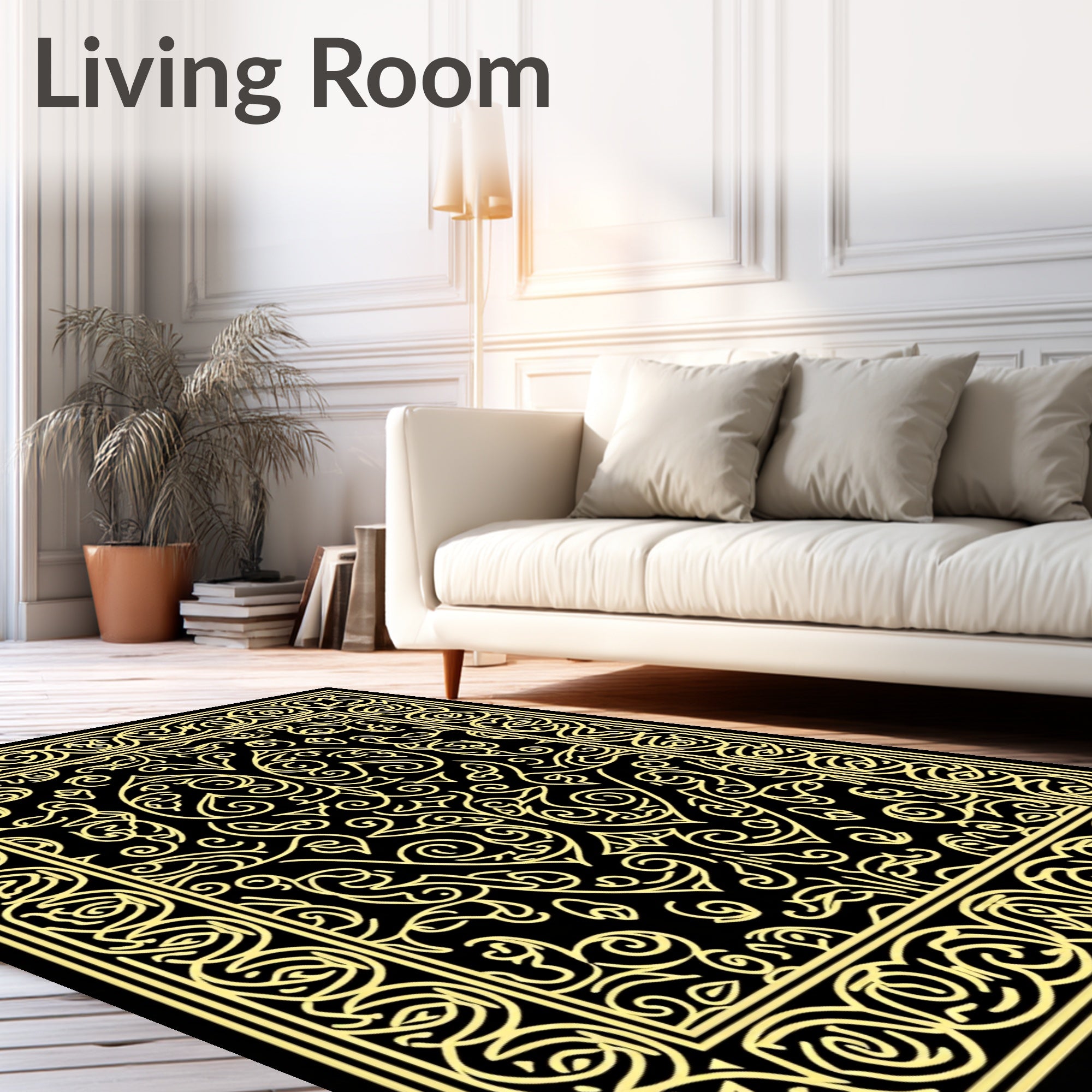 Ornate Scrollwork Yellow and Black Rug