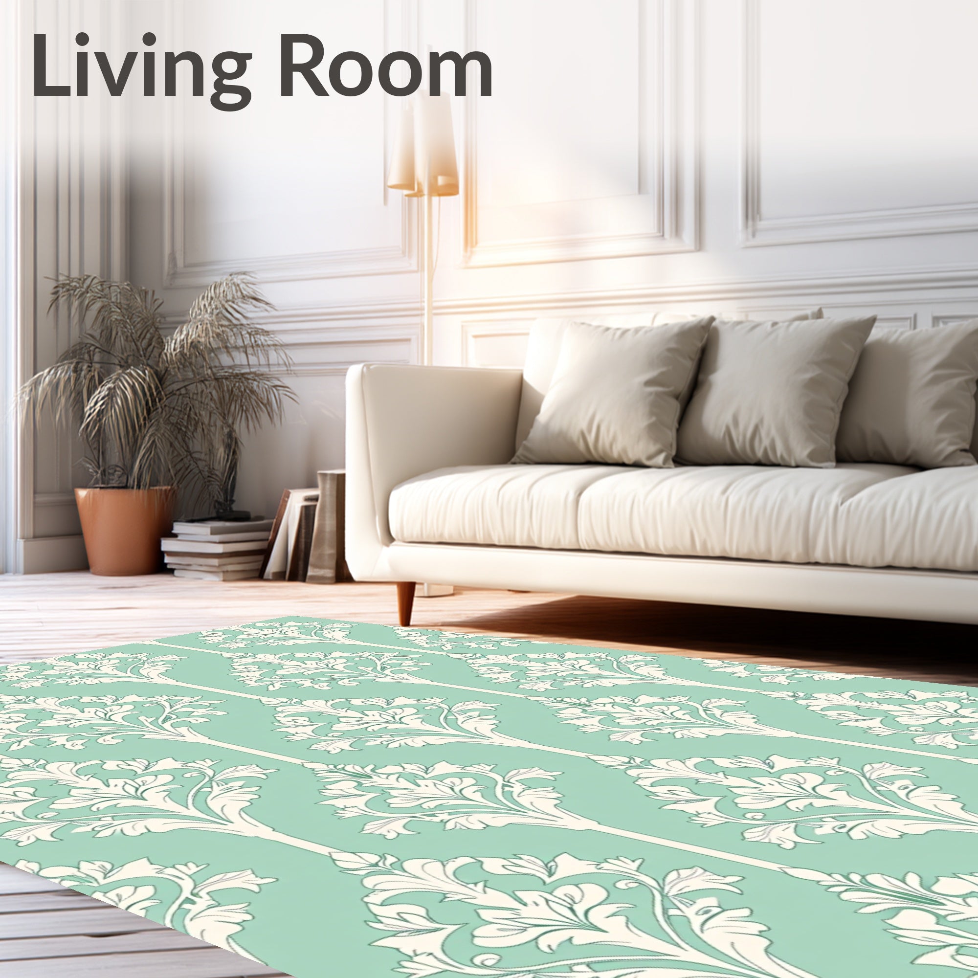 Elegant Teal Ivory Damask Pattern Rug