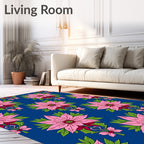 Pink Floral Garden Blue Rug