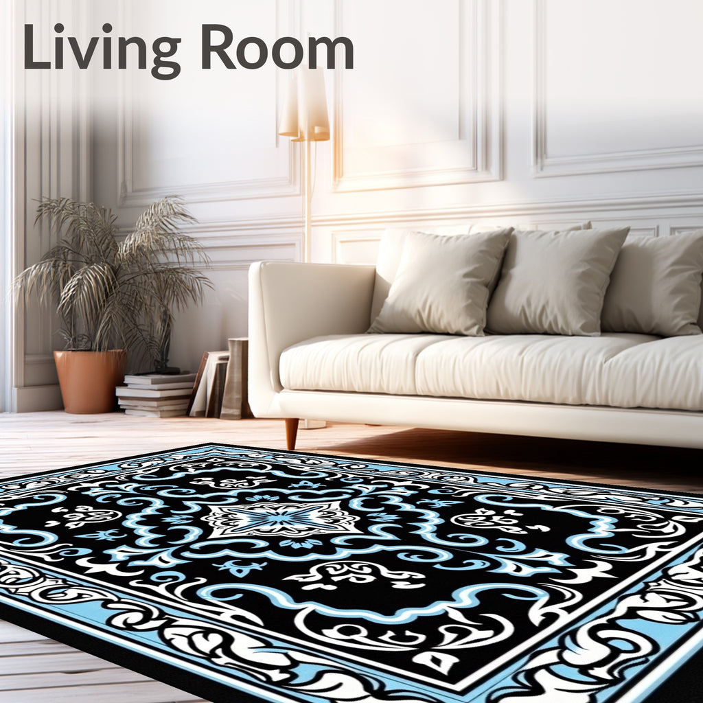 Intricate Black Light Blue Floral Pattern Rug