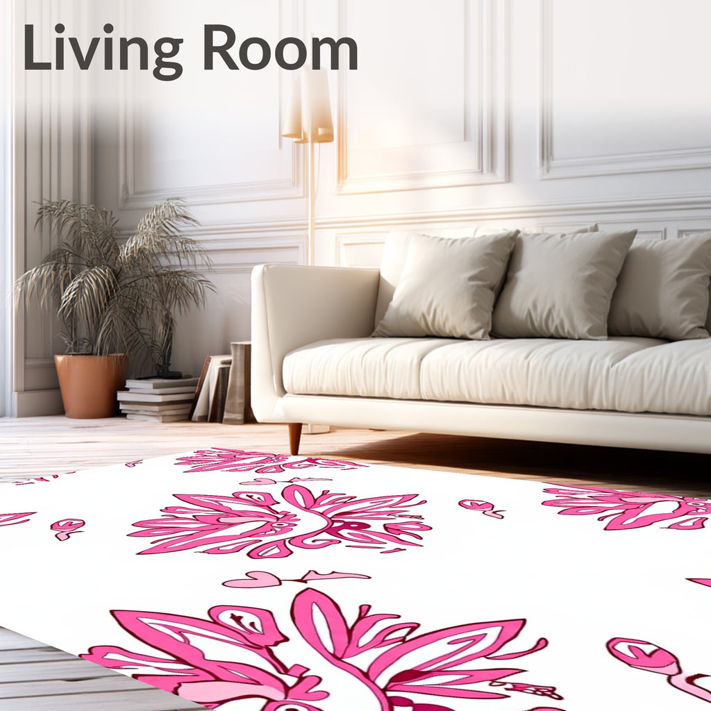 Whimsical Pink Floral Heart Motif Rug
