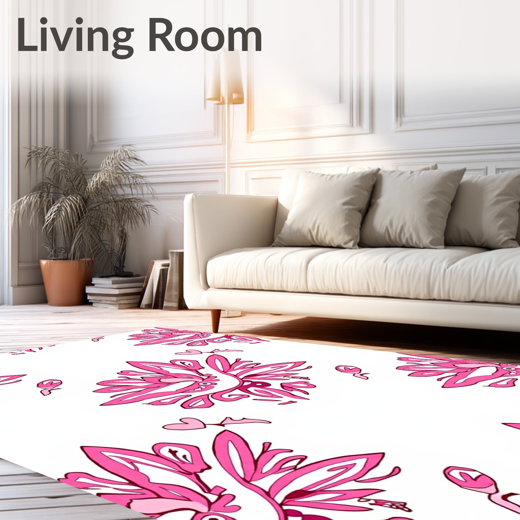 Whimsical Pink Floral Heart Motif Rug