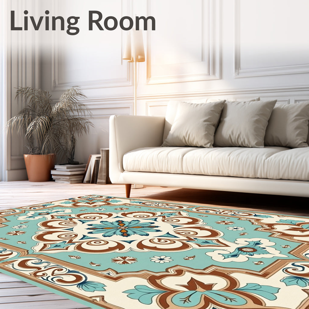 Ornate Floral Medallion Teal Brown Rug