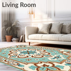 Ornate Floral Medallion Teal Brown Rug