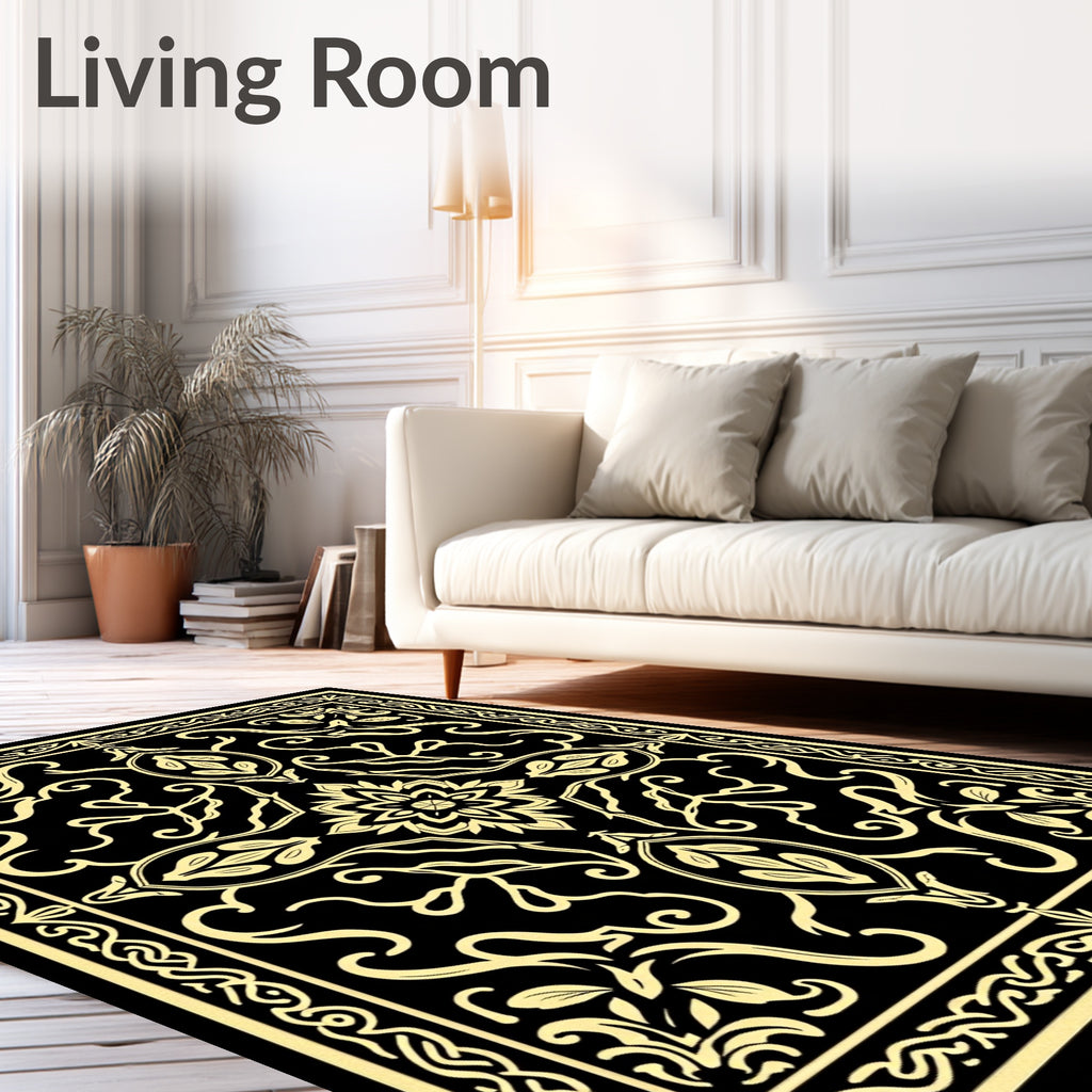 Ornate Black Gold Mandala Rug