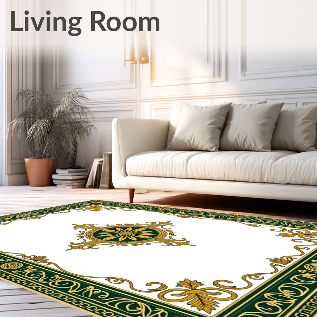 Elegant Green Gold Flourish Pattern Rug