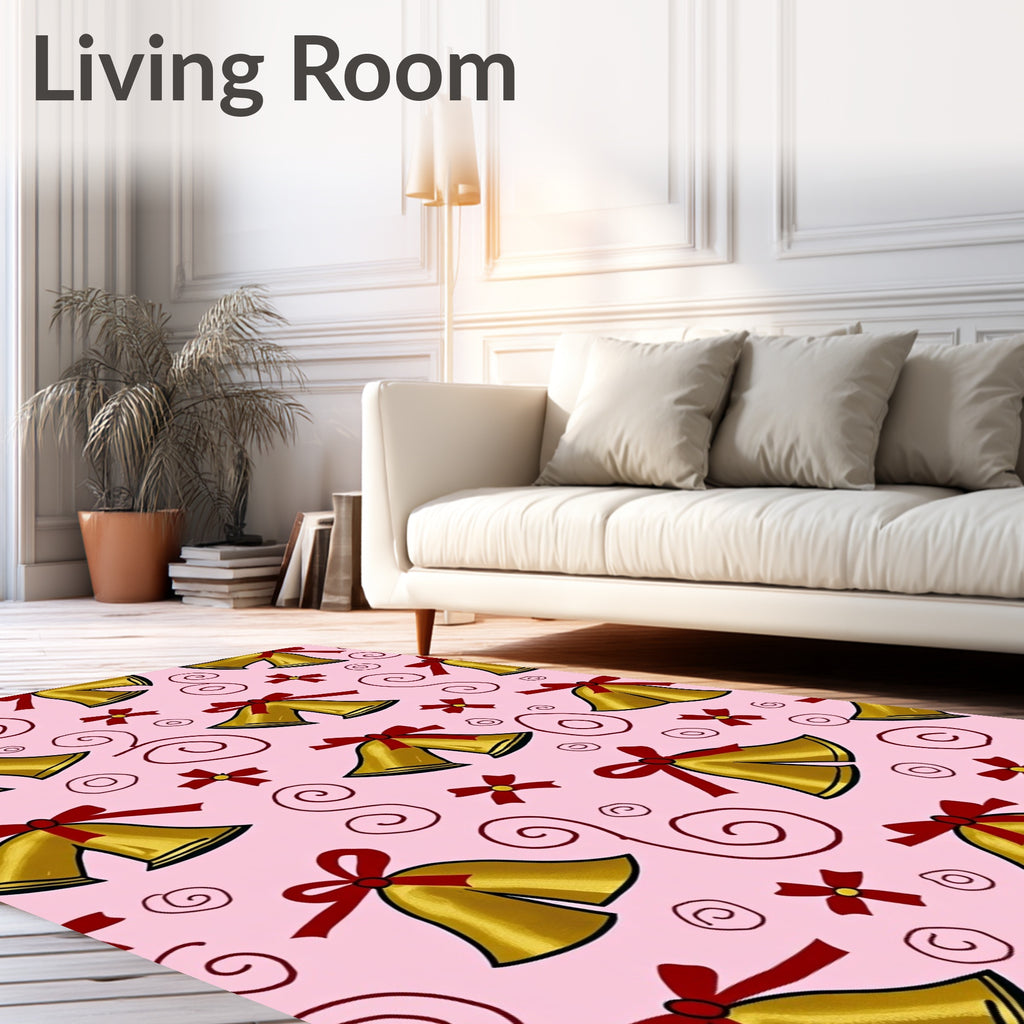 Golden Bells With Red Ribbons Pink Rug