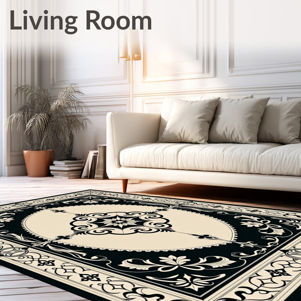 Classic Black Ivory Floral Scroll Rug